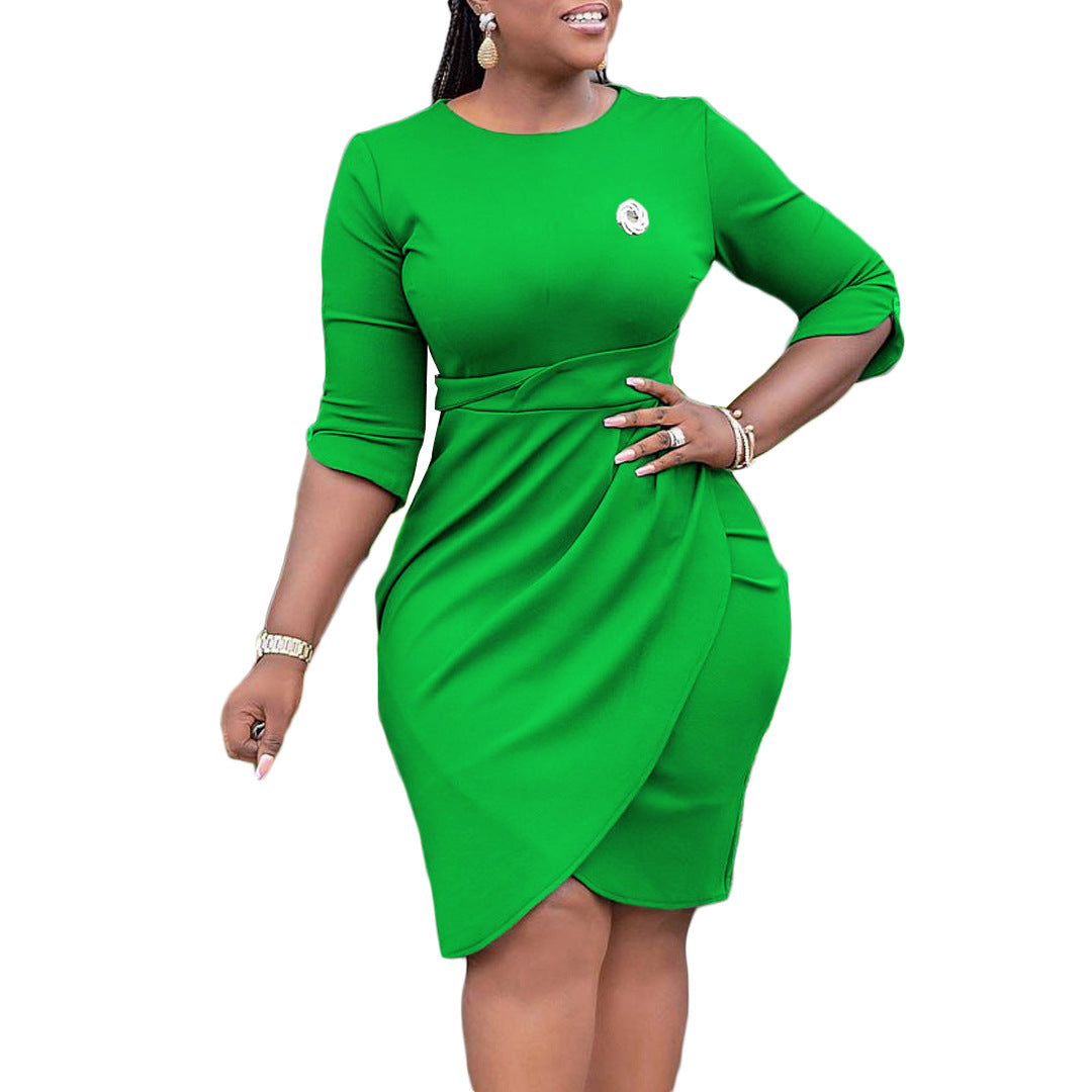 Women's Large Summer Elegant Pleated With Brooch Dress