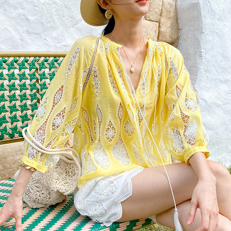 Women's Spring Vacation Style French Embroidery Seaside Blouses
