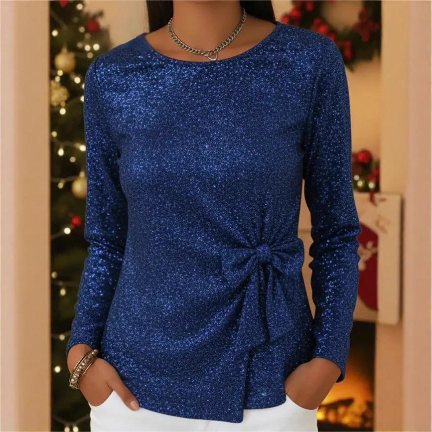 Women's Fashion Shiny Bow Long Sleeve Pullover Women's T-shirt