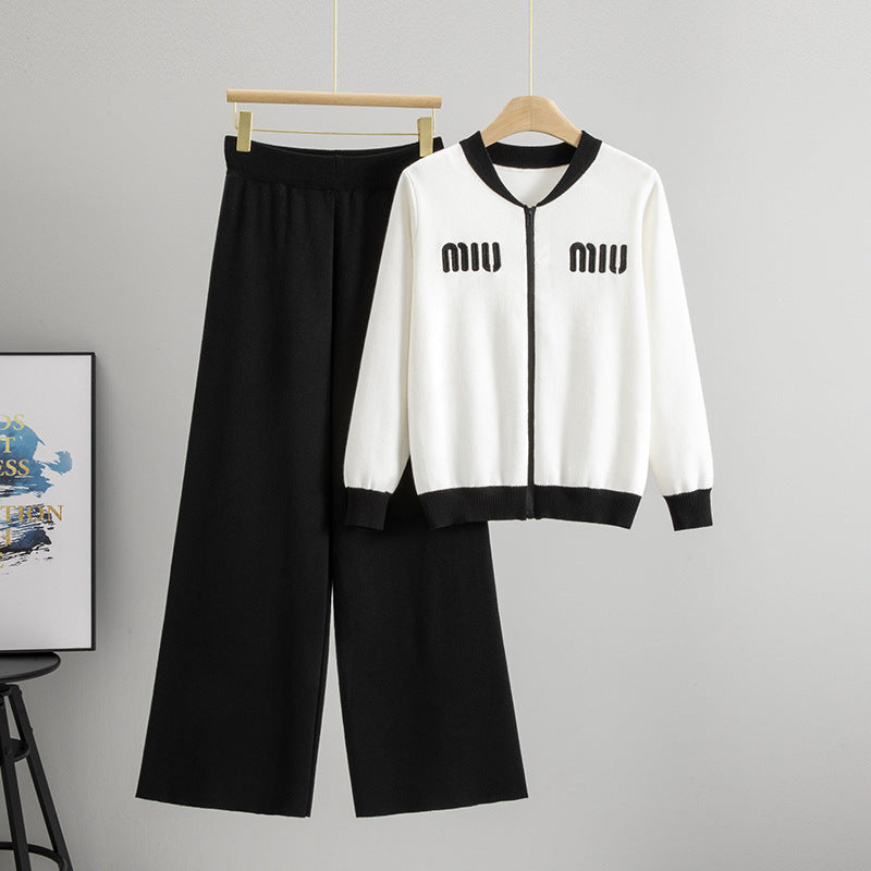 Women's Knitted Zipper Woolen Casual Trousers Two-piece Suits