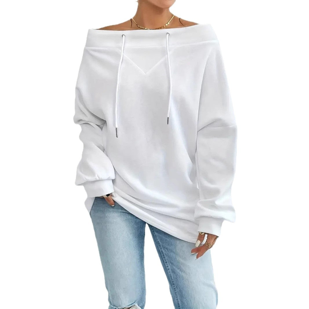 Women's Oblique Shoulder Loose Casual Drawstring Sweatshirt Women's Sweater, Sweater