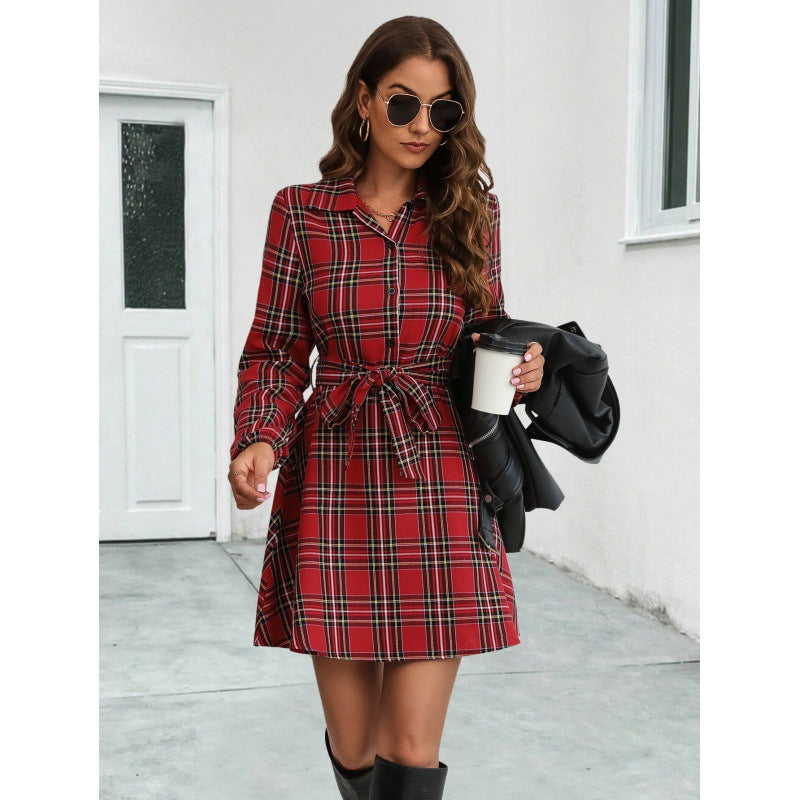 Versatile Women's Lantern Sleeve Plaid Shirt Dress