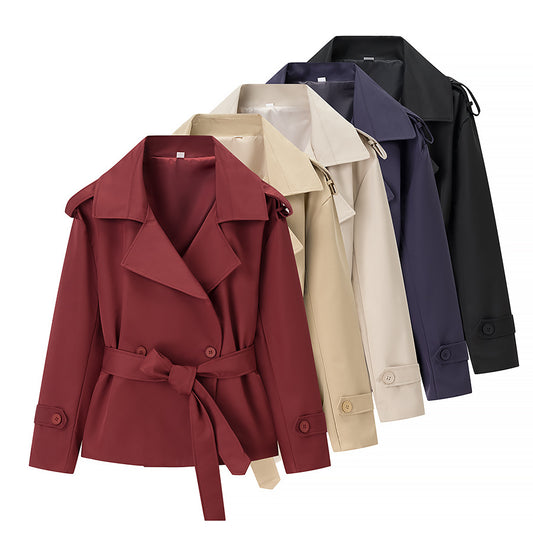 Women's Casual Solid Color Belt Trench Jackets