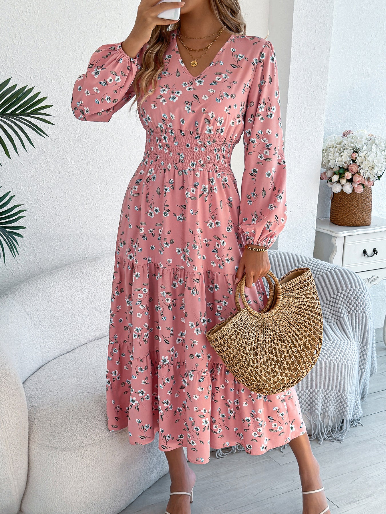 Women's Flowers Long Sleeve Waist Trimming Ruffles A- Line Dress