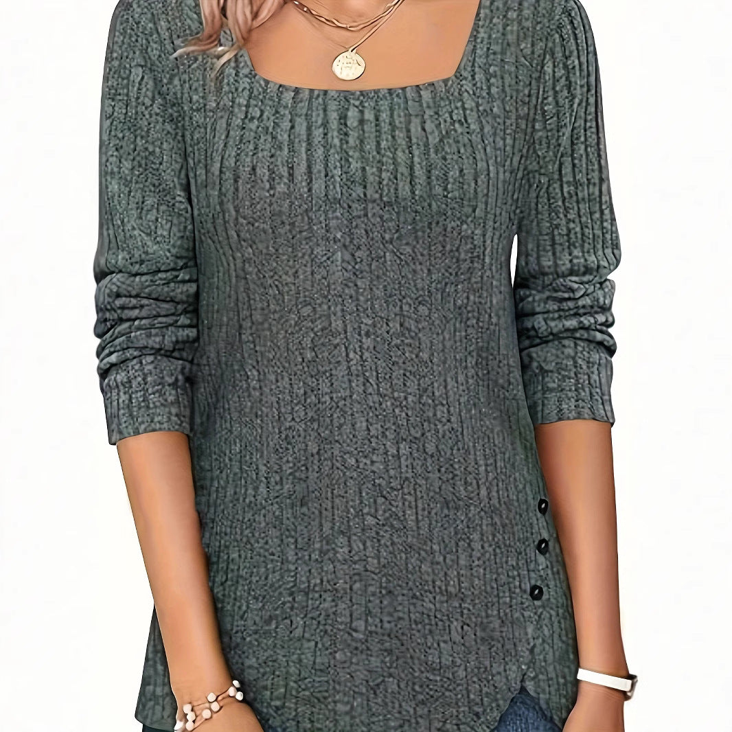 Women's Color Rib Fabric Square Collar Loose Women's T-shirt