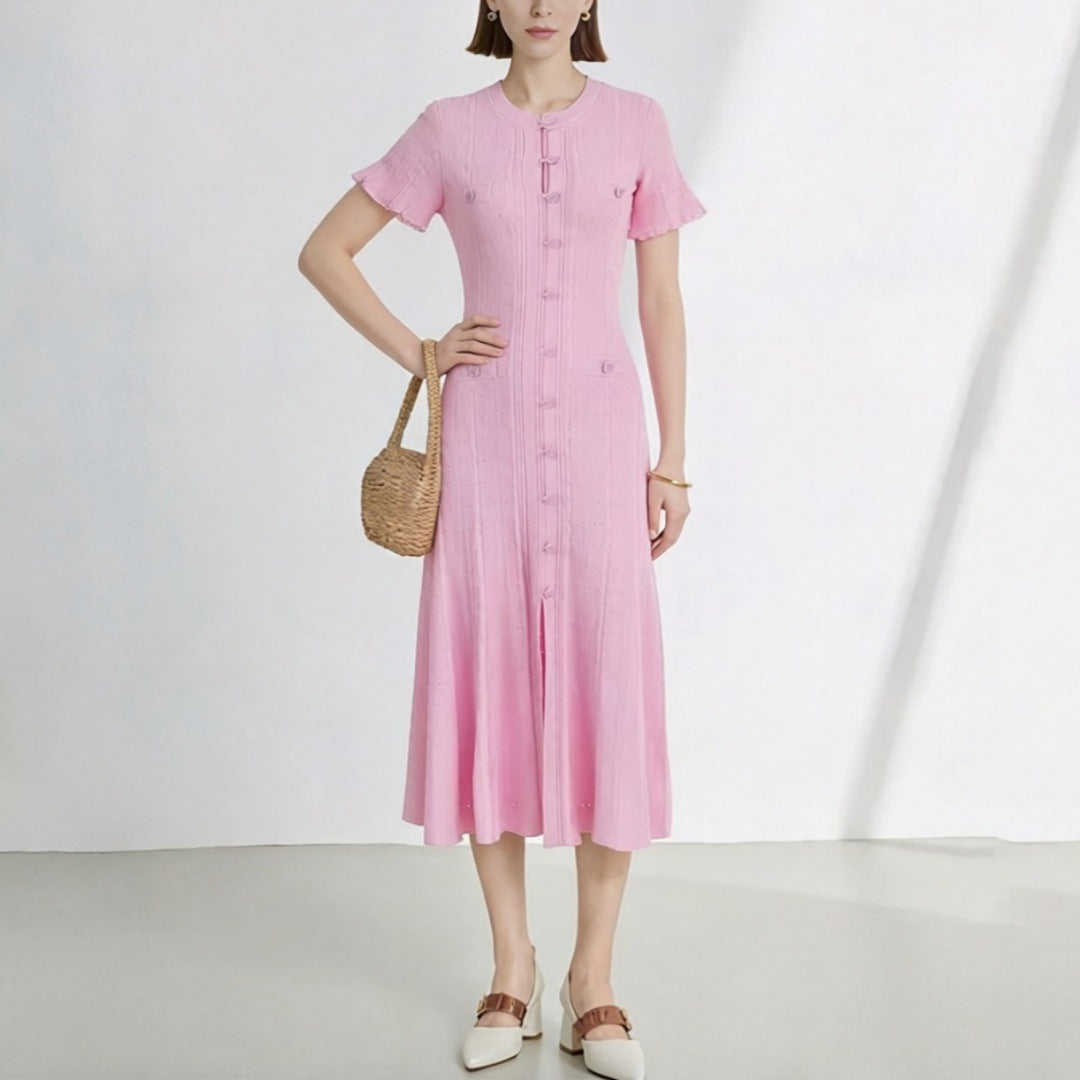 Women's High Quality French Style Temperament Sleeve Hollow Thread Single-breasted Dress