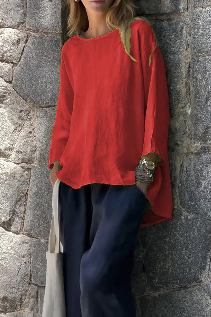 Women's Sleeve Round Neck Cotton Linen Loose Tops