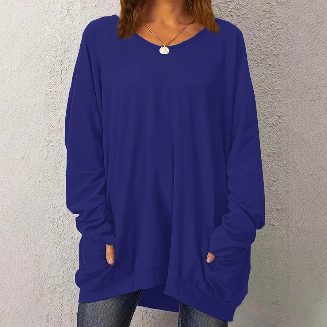 Women's Pullover Long-sleeved Double Pocket Solid Color Tops