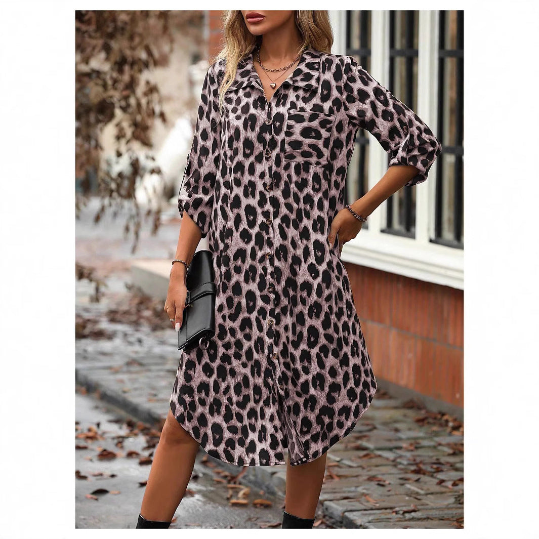 Women's Leopard Print Sleeve Shirt Woven Loose Fashion Dress