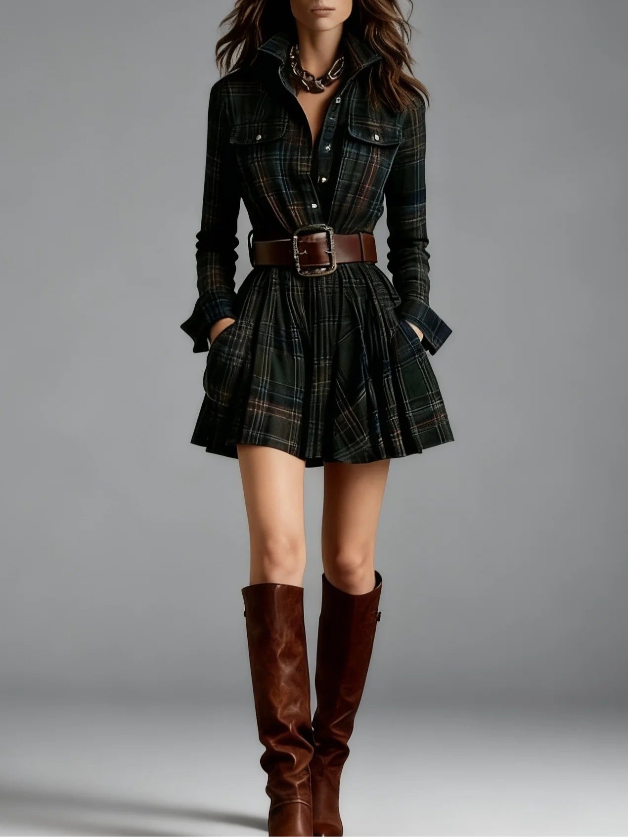 Women's Digital Printed Plaid Shirt Dress Pocket Dresses