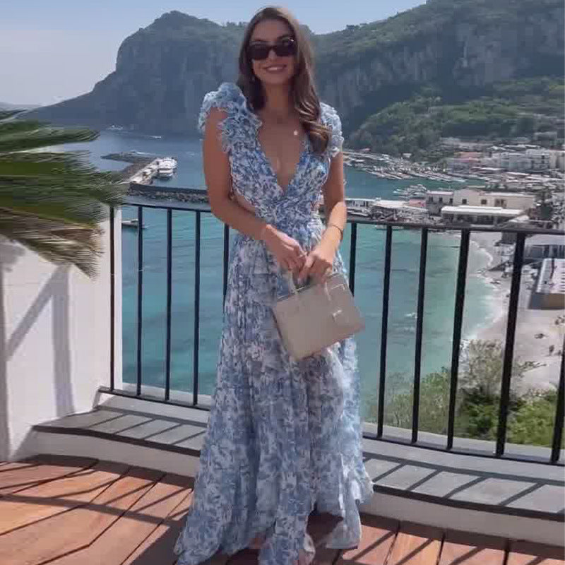 Summer Fashion Pastoral Print Backless Sexy Dresses