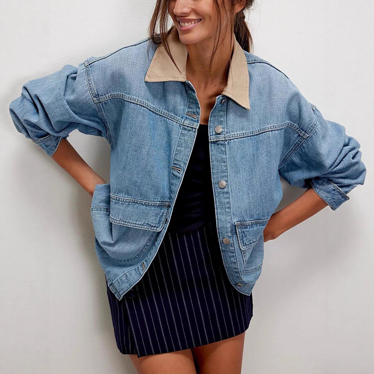 Women's Cowboy Loose Contrast Color Denim For Coats