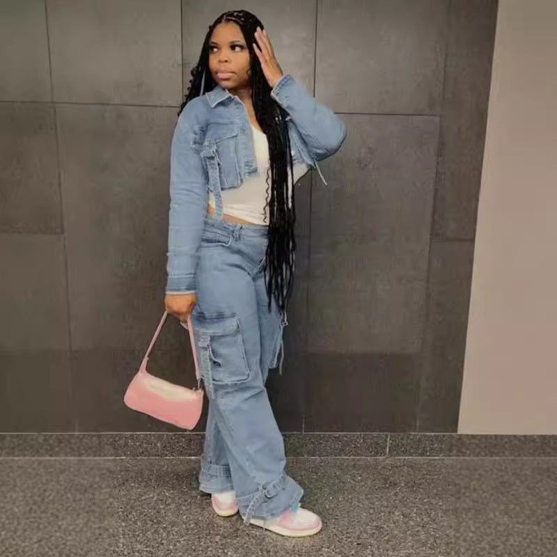 Women's Personalized With Pocket Denim Trousers Two-piece Suits