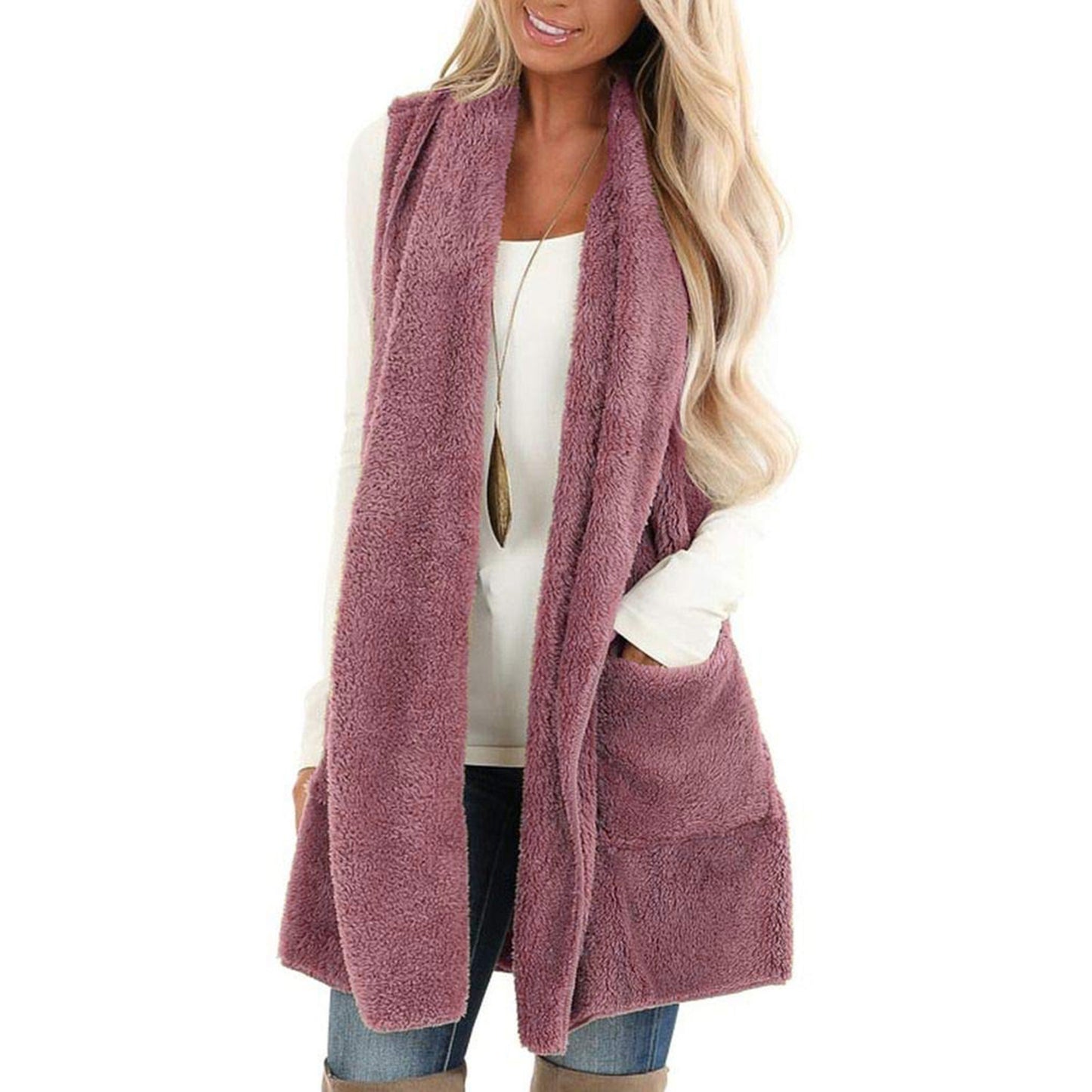 Women's Loose Fashion Solid Color Pocket Sleeveless Plush Large Women's Vest