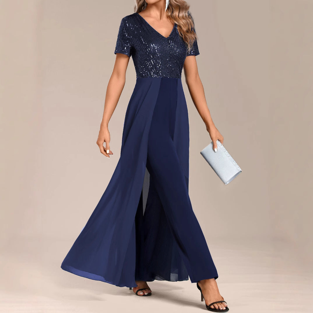 Women's Solid Color Elegant Chiffon Sequin Stitching Jumpsuits