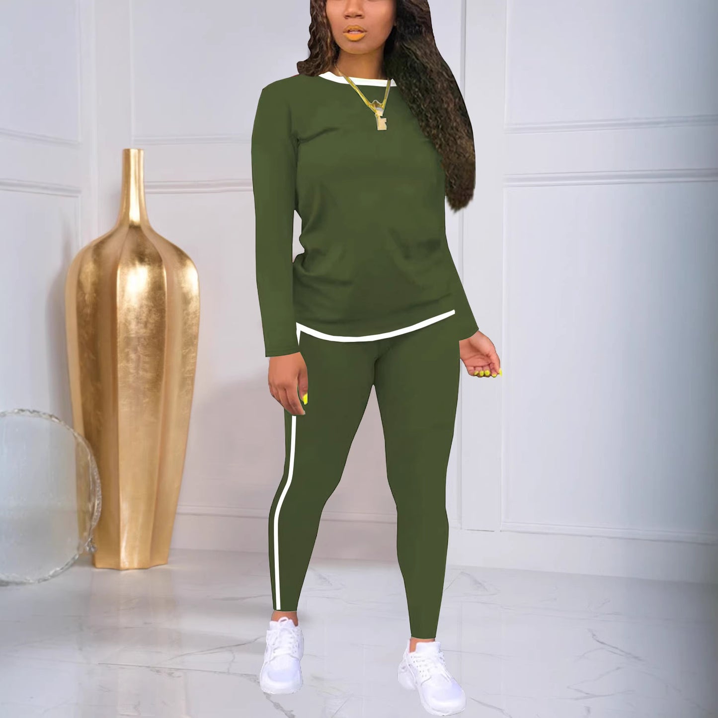 Women's Round Neck Long Sleeve Patch Trousers Side Suits