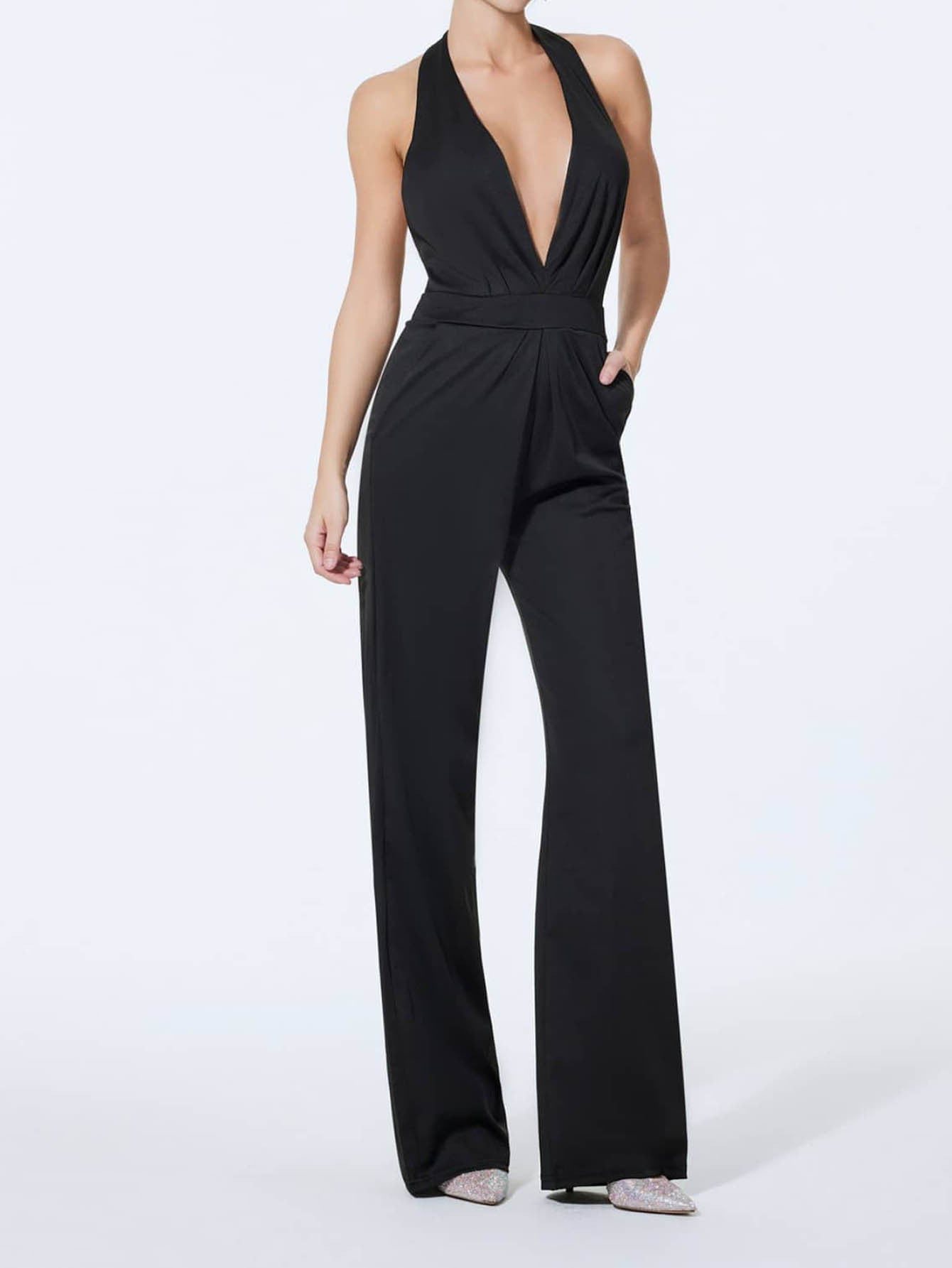 Solid Color Elegant Halter Sleeveless Long Women's Jumpsuit/clothing
