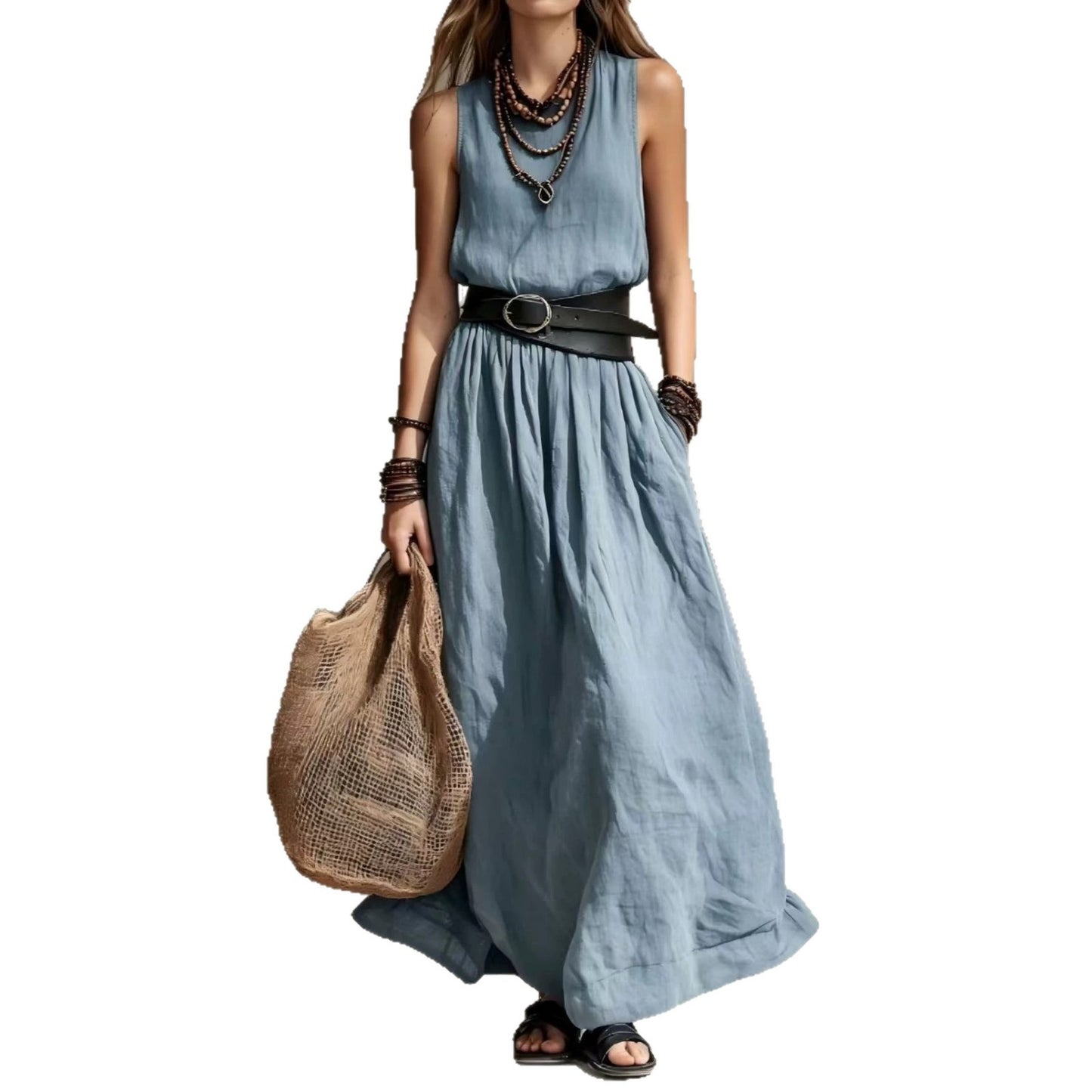 Women's French Style Temperament Lapel Sleeveless Summer Dress