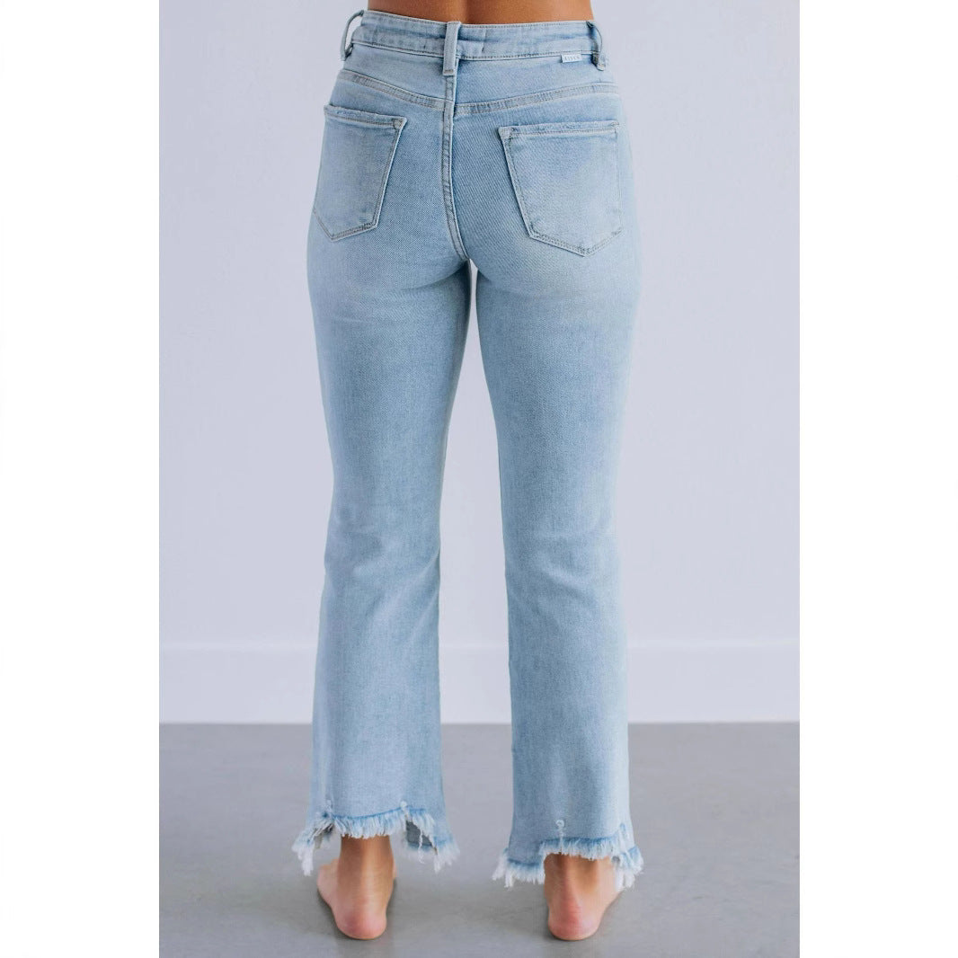 Women's High Waist Tassel Ripped Frayed Straight Women's Jeans