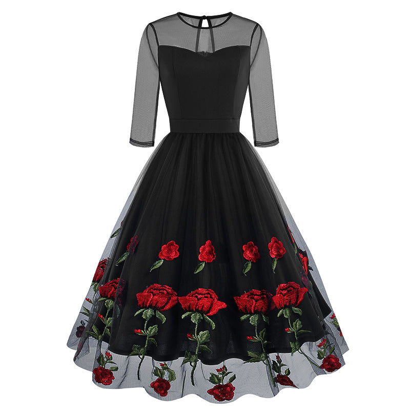 Round Collar Gauze Rose Embroidered Vintage Dresses