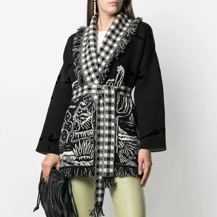 Cactus Jacquard Large Lapel Temperament Commute Sweaters
