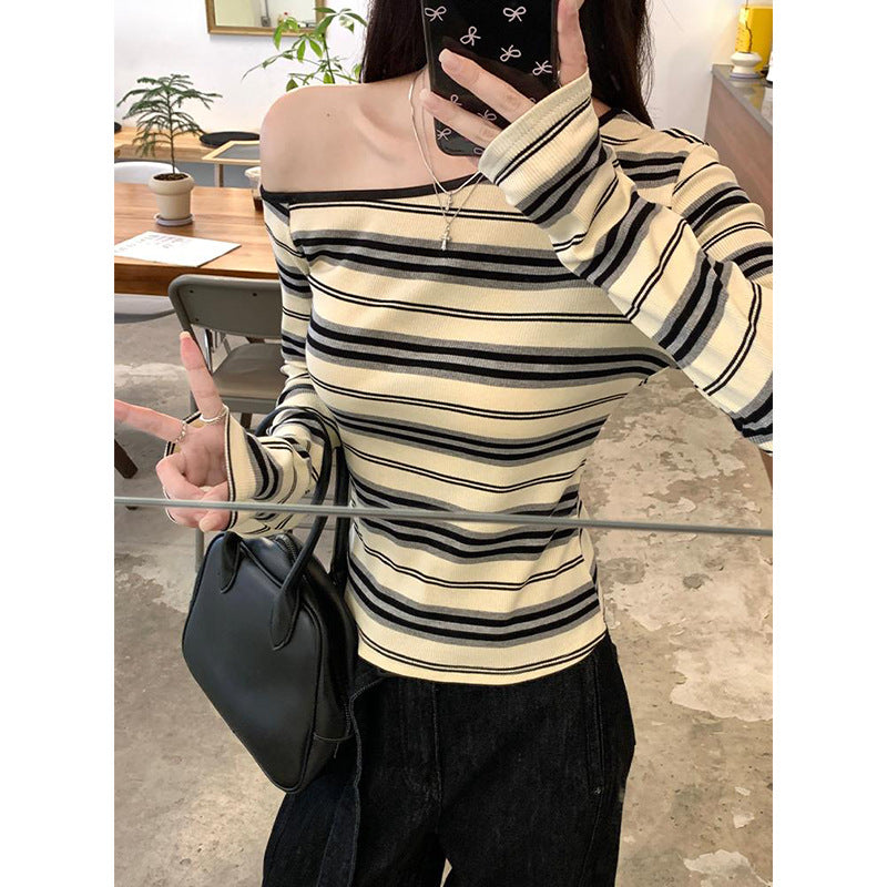 Women's Korean Style Beige Stripes Long Sleeve Shirt Sloping Exposed Shoulder Women's T-shirt