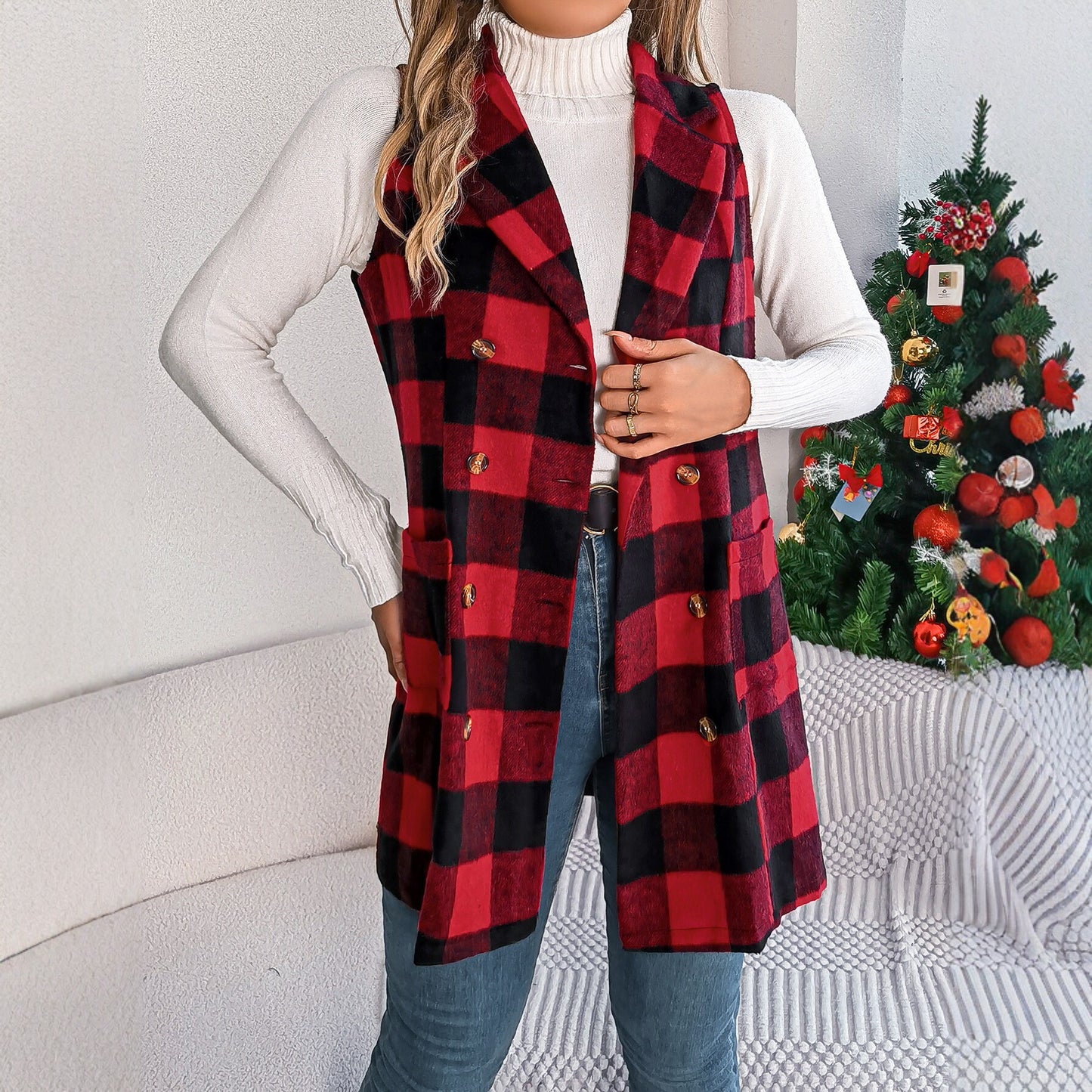 Women's Casual Contrast Color Plaid Sleeveless Double Vests