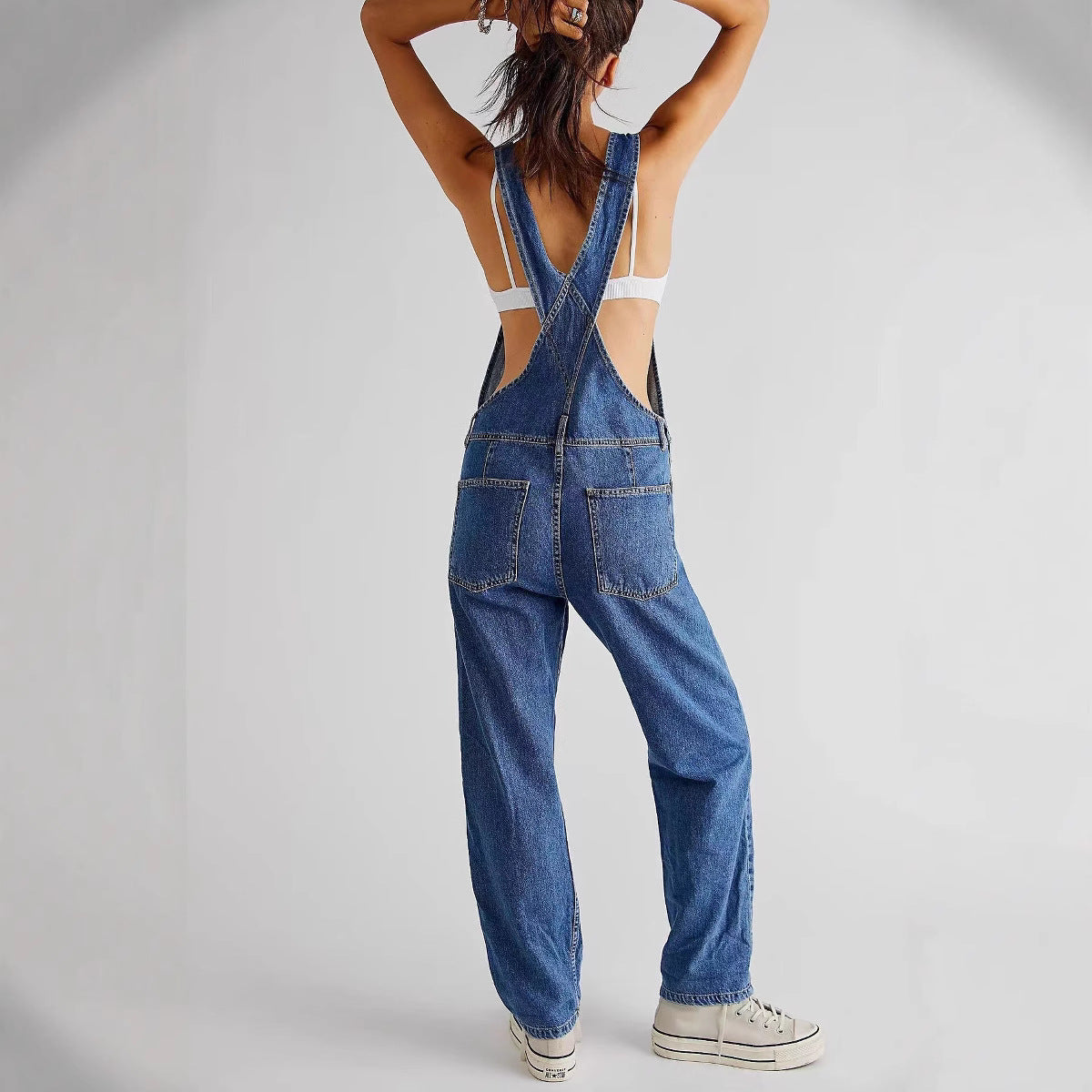 Women's Casual Loose Wash Pocket Strap Denim Jumpsuits