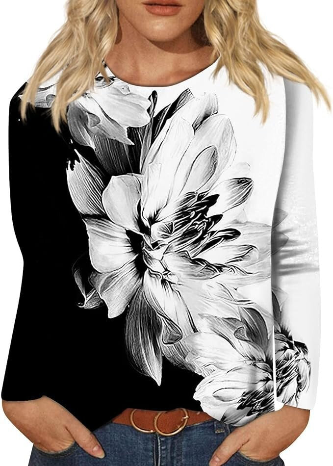 Women's Round Neck Long Sleeve Loose Print Tops