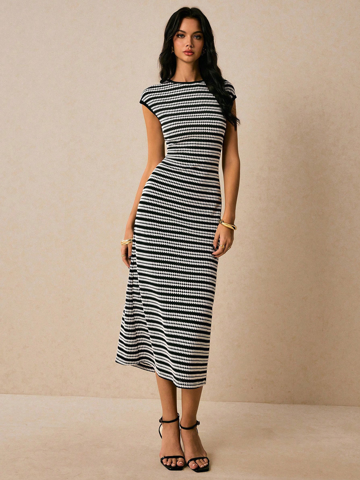 Women's Striped Knitted Midi With Shoulder Sleeves Slim Fit Dress