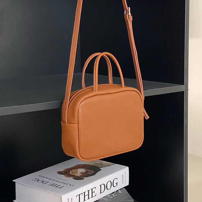 Niche Vegetable Tanning Leather Boston Minimalist Portable Handbags