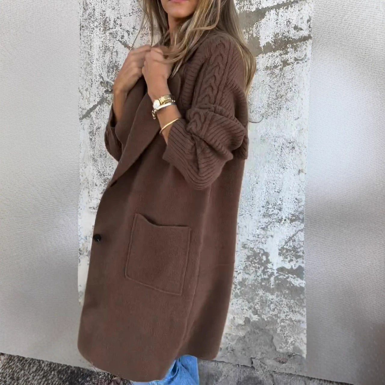 Women's Twist Knit Stitching Lapel Large Coats