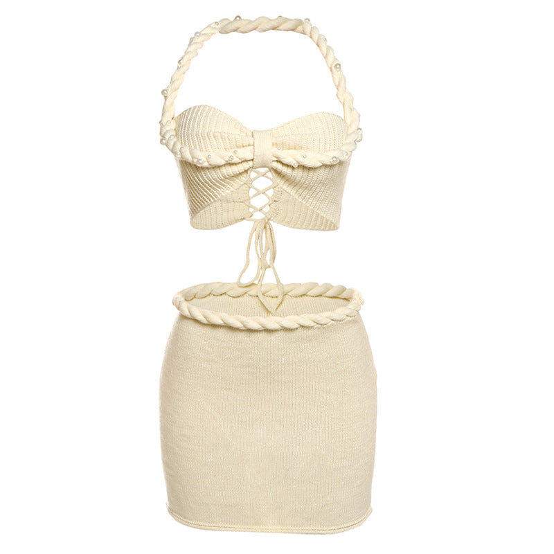 Women's Sexy Halter Beaded Camisole Knitted Slim Suits