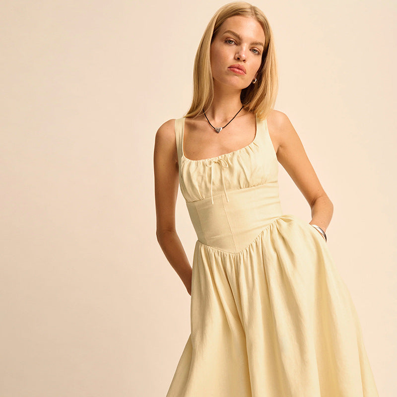 Linen Yellow Square Collar Pure Desire Style Vacation Mid-length Dresses