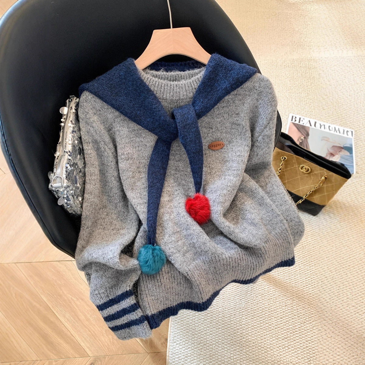 Women's Korean Style Idle Contrast Color Two-piece With Sweaters