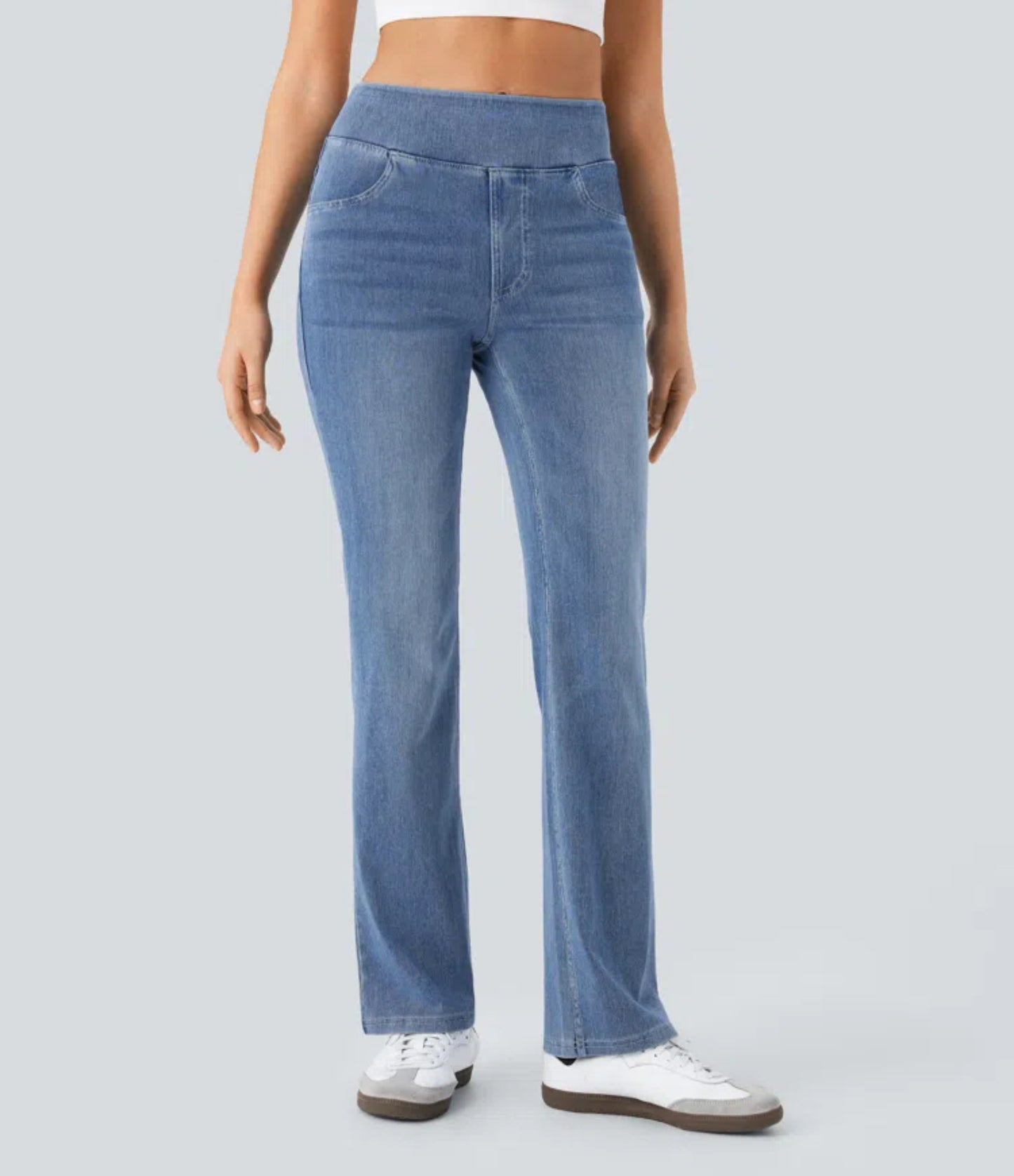 Women's Washed High Waist Straight Stretch Slim Fit Draped Jeans