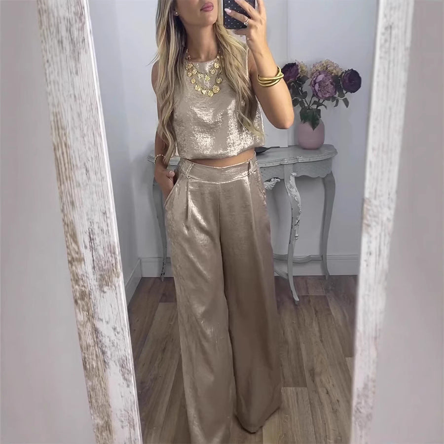 Women's High Waist Casual Two-piece Set Golden Suits