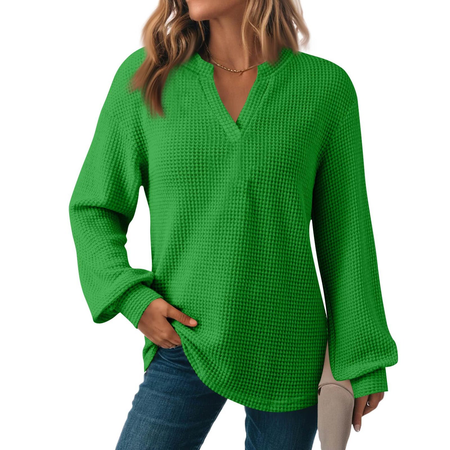 Women's Solid Color Waffle Loose Long Sleeve Women's Sweater, Sweater