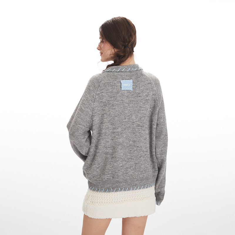 Women's Lapel American Style Loose Casual Contrast Sweaters