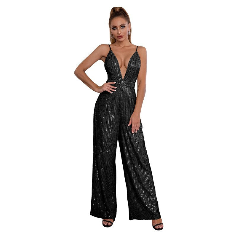 Women's Sequined Sleeveless Hot Deep Backless Sling Jumpsuits