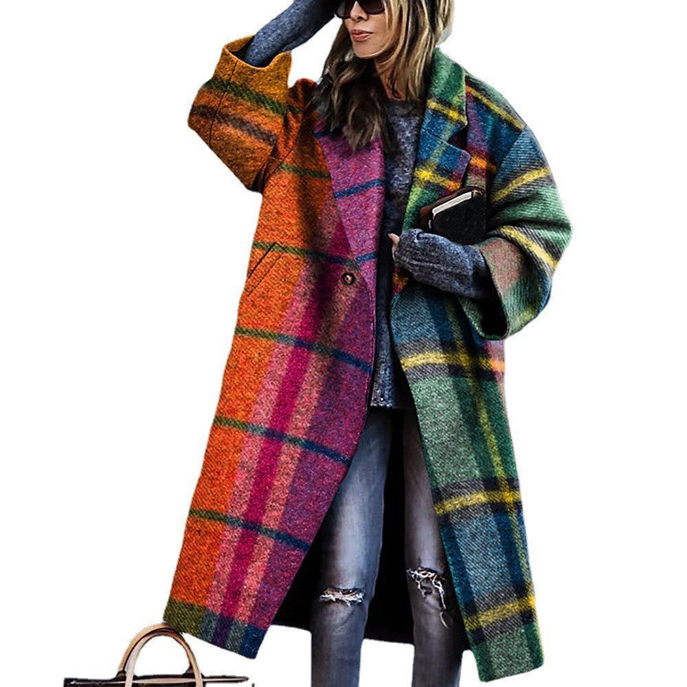 Women's Autumn Color Matching Plaid Long Sleeve Coats