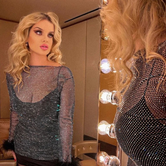 Summer Sexy Rhinestone Mesh Long Sleeve Dresses