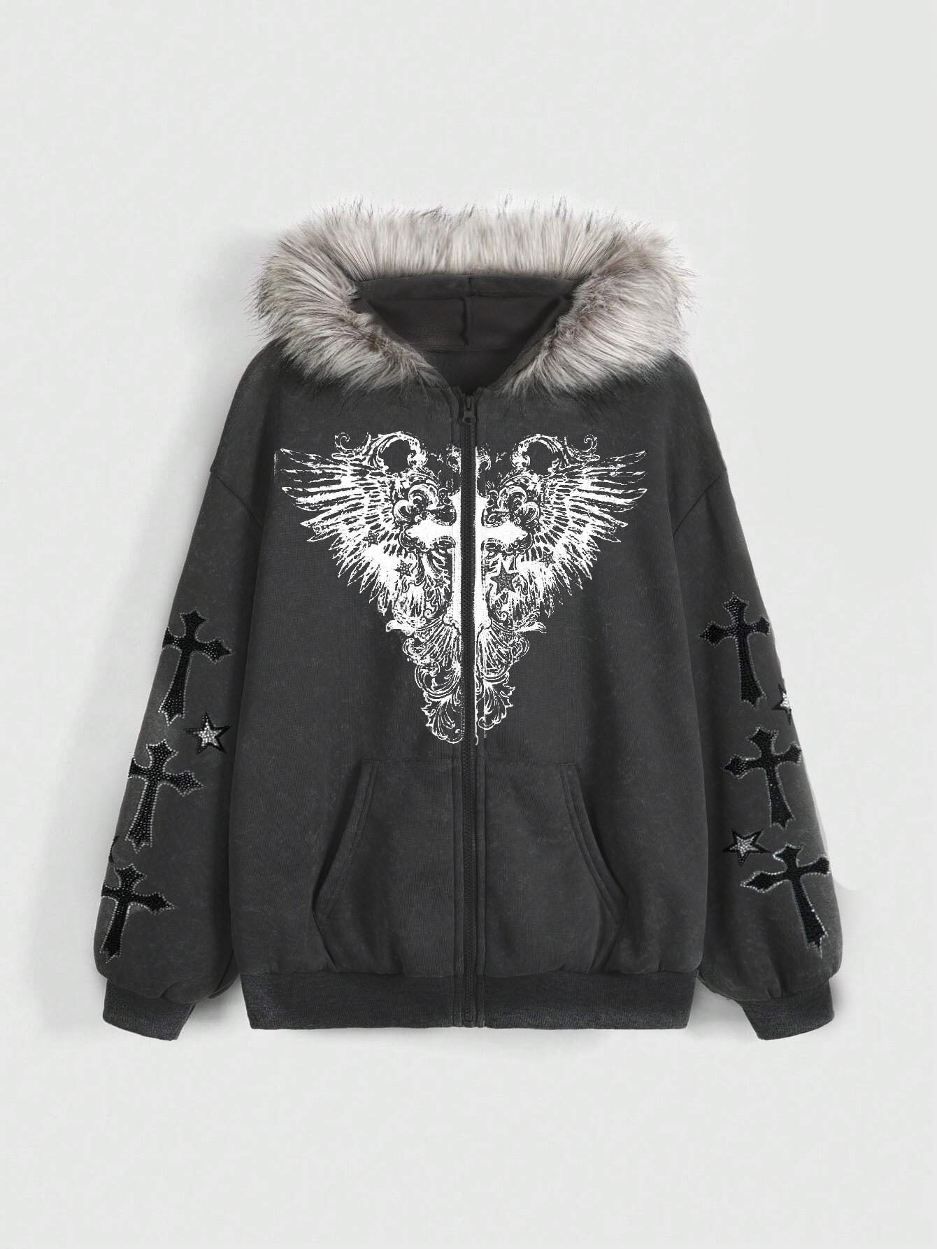 Gothic Cross Wings Printing Fur Collar Sweaters