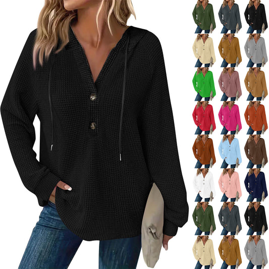 Women's Hoodie Waffle Knit Drawstring Button Long Sleeve Pullover Leisure Sweaters