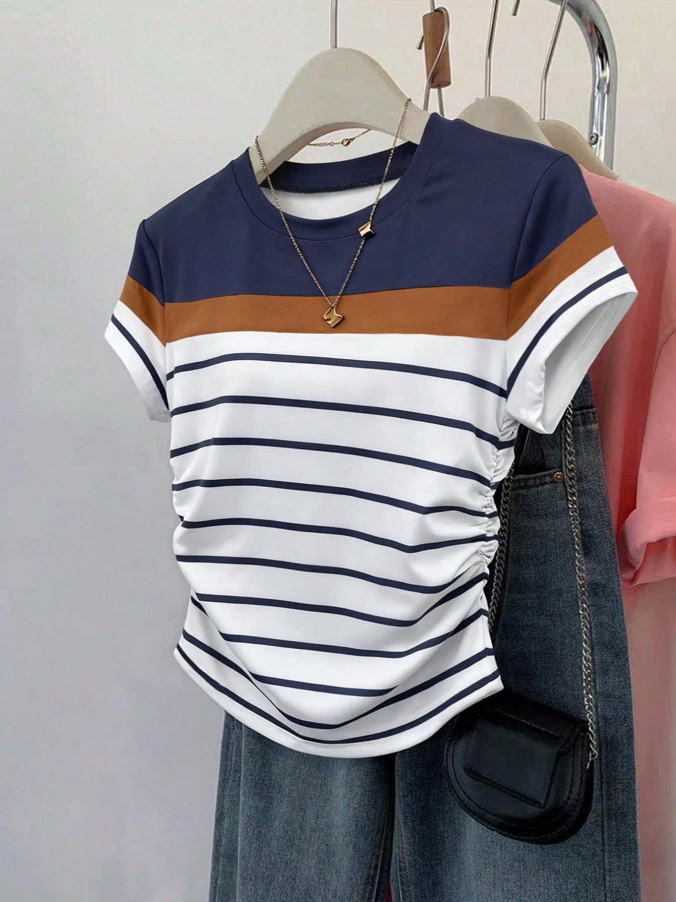 Women's Summer Casual Round Neck Sleeve Waist Women's T-shirt