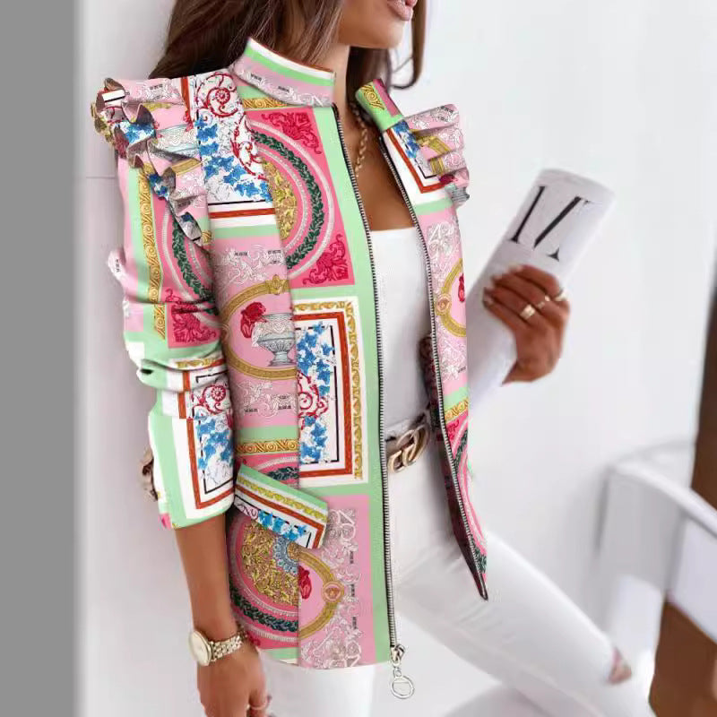 Women's Ruffled Long Sleeve Zipper Print Small Suit