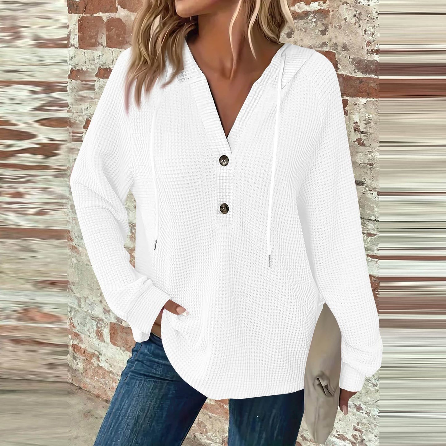 Women's Hoodie Waffle Knit Drawstring Button Long Sleeve Pullover Leisure Sweaters