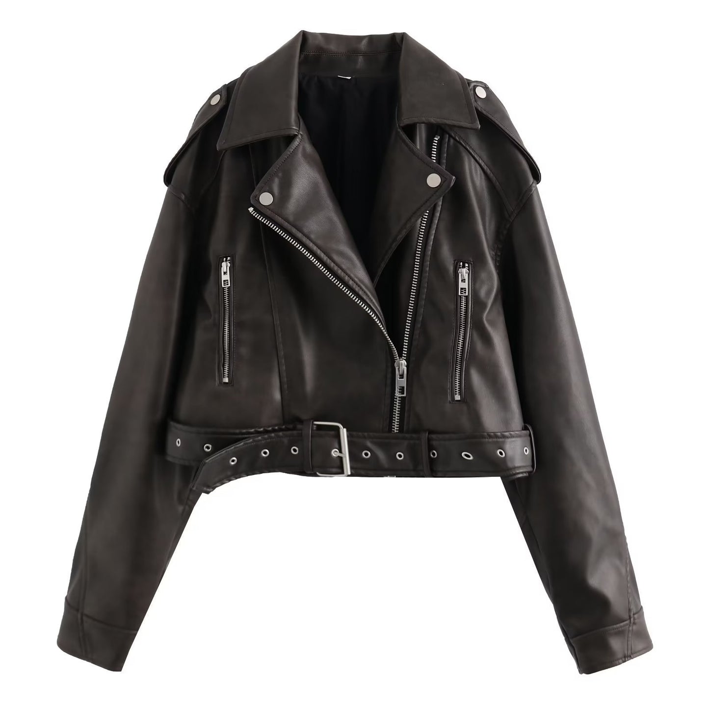 Women's Two-color Leather Distressed Lapel Baggy For Coats
