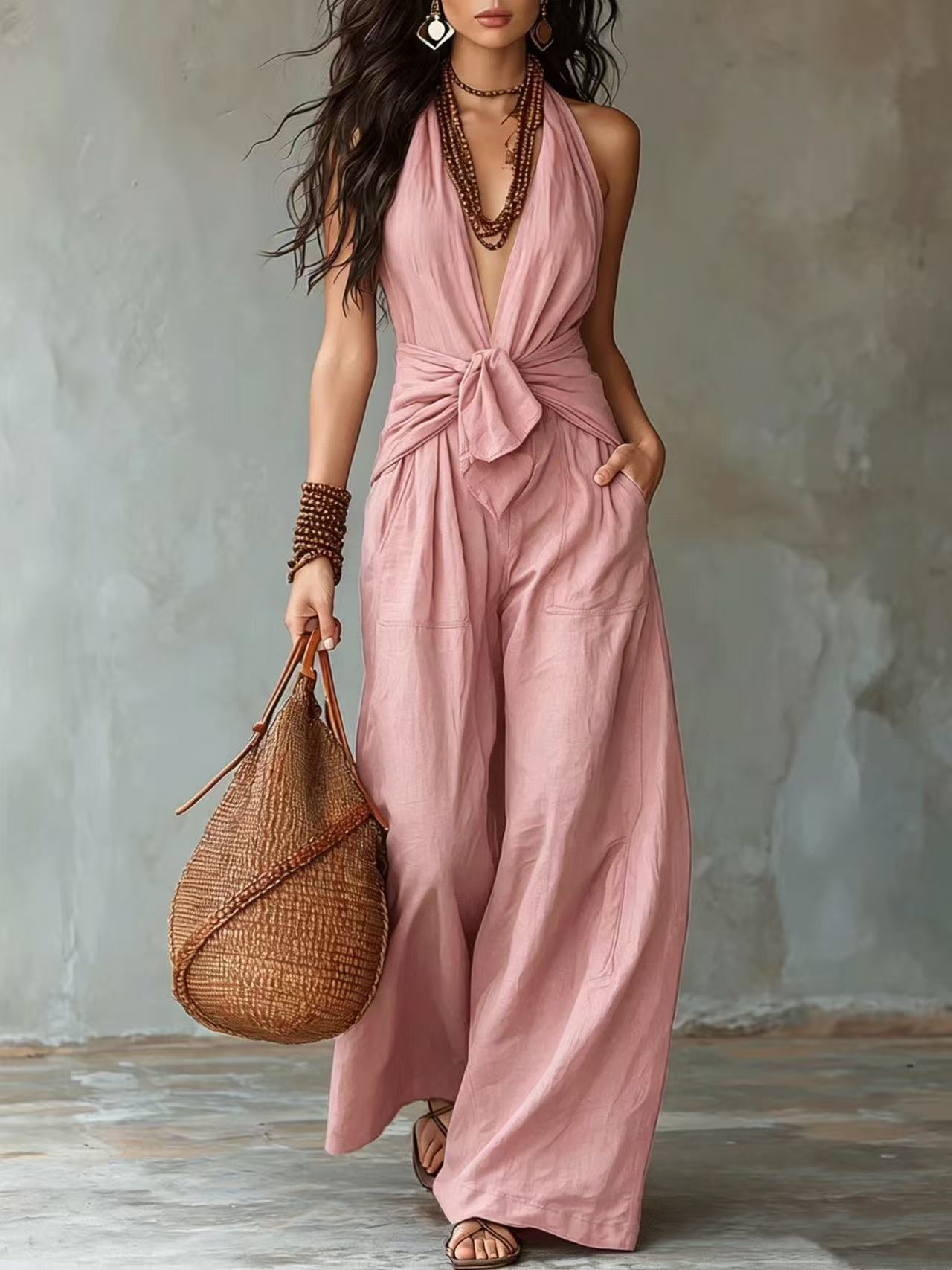 New Women's Elegant Sleeveless Halter Waist Women's Jumpsuit/clothing