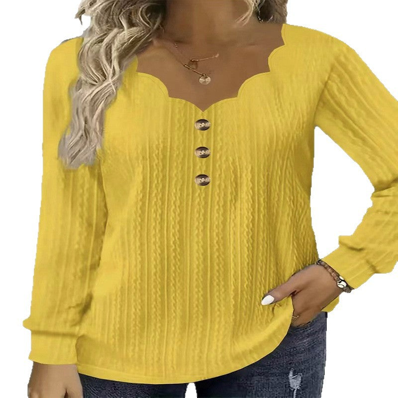 Women's Solid Color Scallop Front Button Long Women's T-shirt